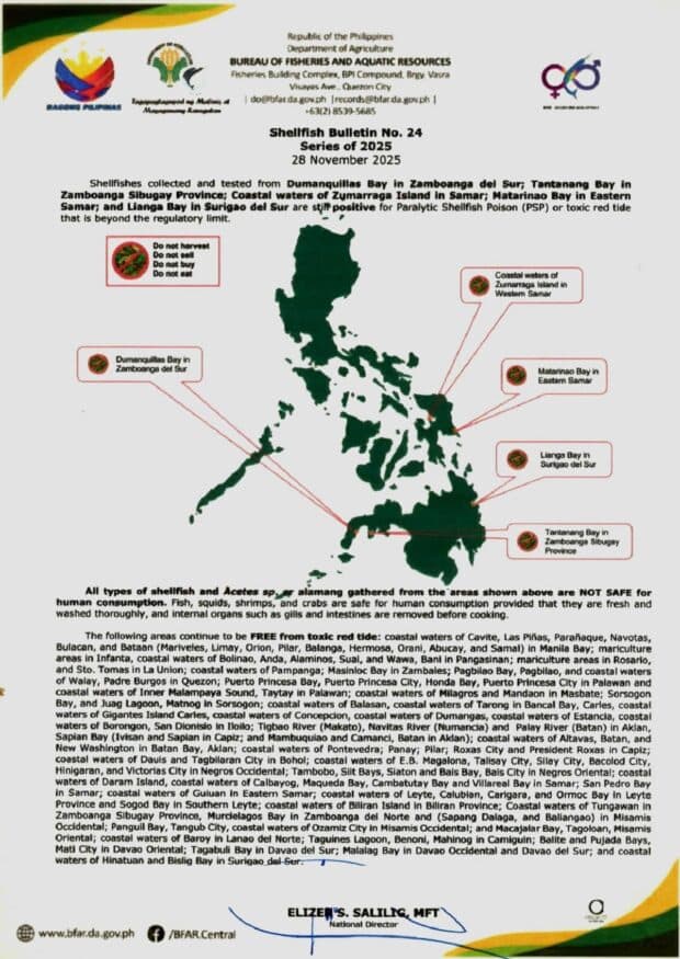 BFAR: Red tide up in Surigao del Sur's Lianga Bay, 4 other areas