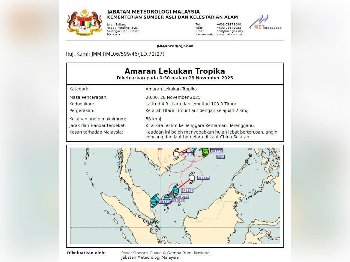 MetMalaysia issues tropical depression warning near Kemaman, Terengganu