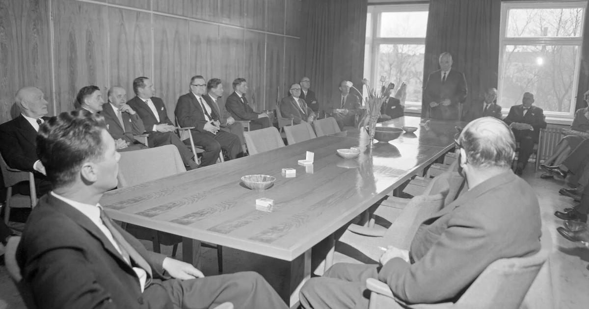 Newspaper publishers visiting in Simonpaino printing house in Helsinki, Finland on 29th April 1960.