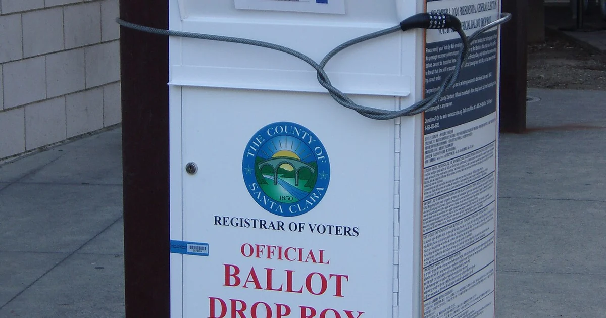 Santa Clara County Registrar of Voters official ballot drop box for the 2020 general election, in front of West Valley Library, San Jose, California